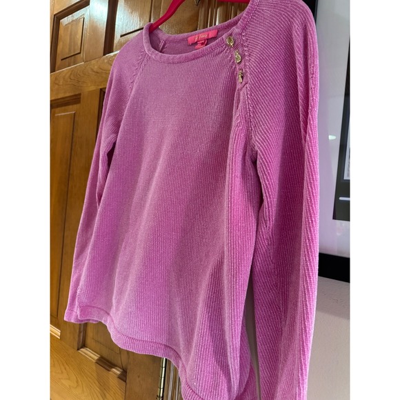 Lilly Pulitzer Pink Chenille Sweater Gold Shell Pineapple Palm Buttons Medium - Picture 6 of 10